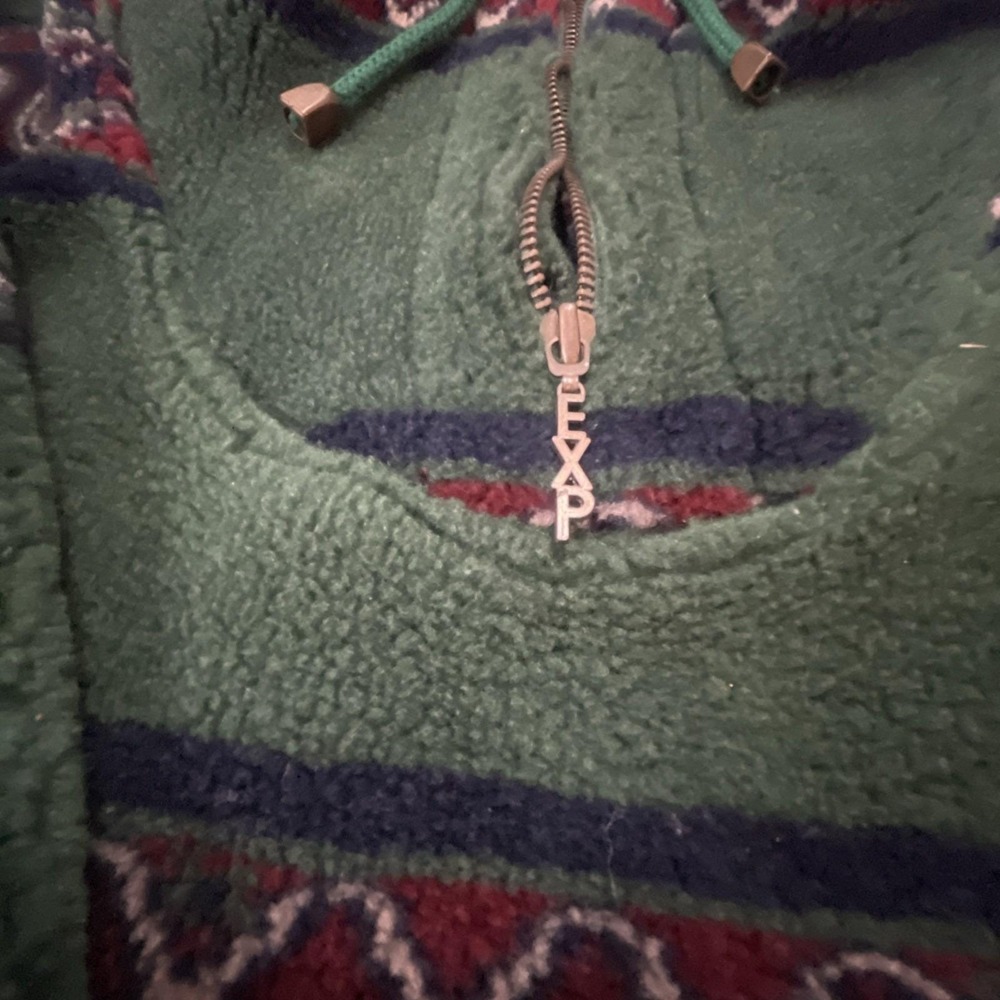 VTG Express Quarter Zip Fleece Green Geometric Paisley Winter L‎ 90s Oversized - Picture 6 of 11